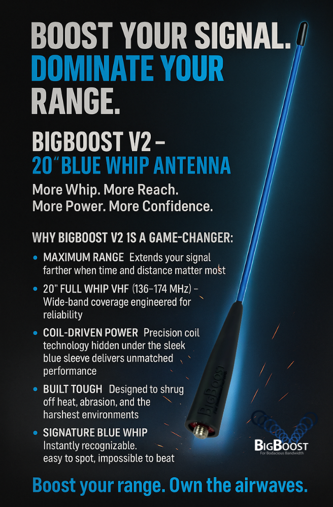BigBoost V2 – 20" Blue Whip VHF Antenna for BK Technologies & Motorola APX