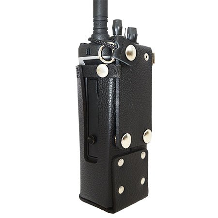 Leather Open Speaker Holster with Snapping Belt Loop and D - Rings BKR9000 Radios - 49er Communications - 49er Communications